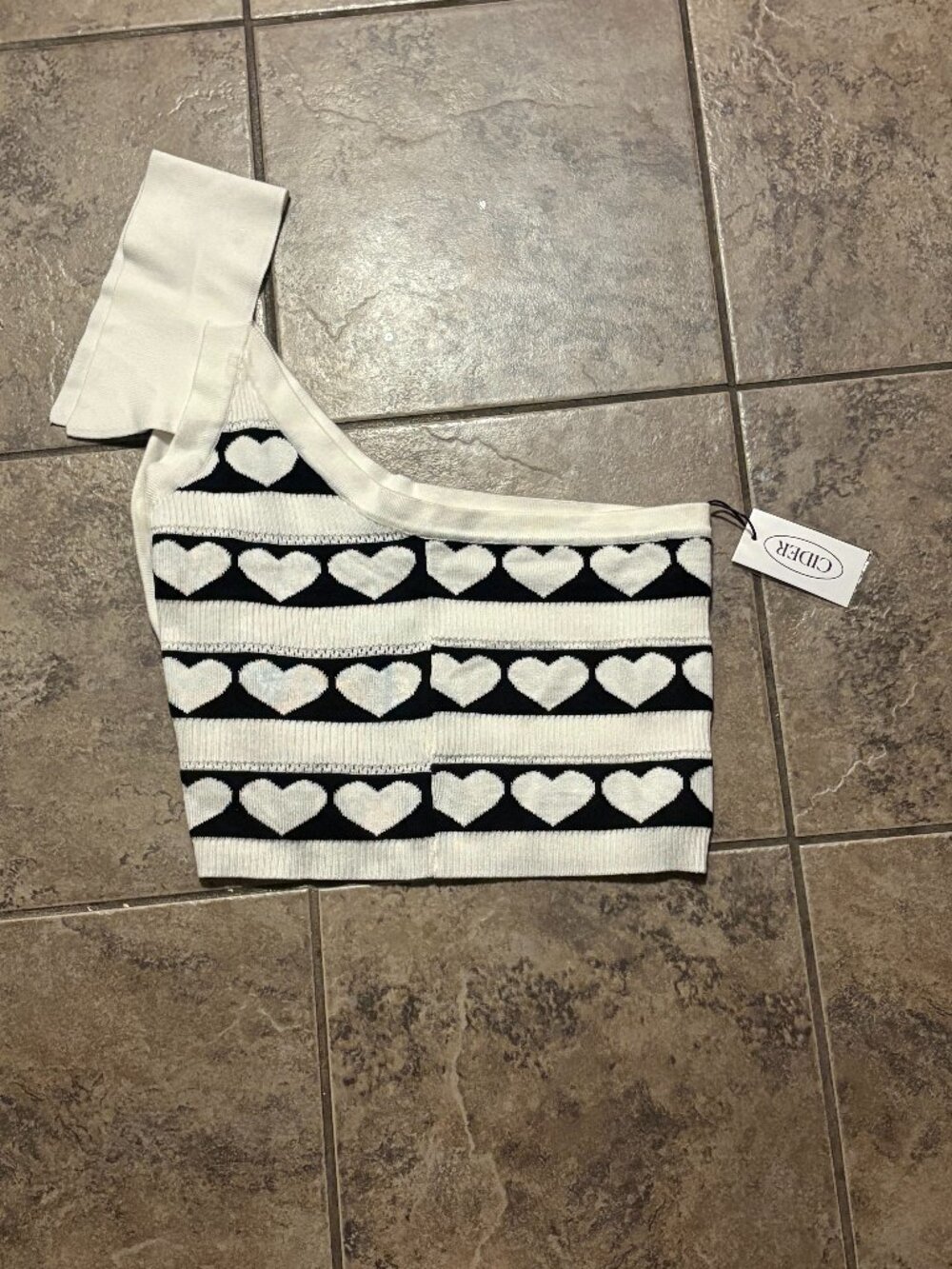 CIDER White Black Heart One Shoulder Tank Top